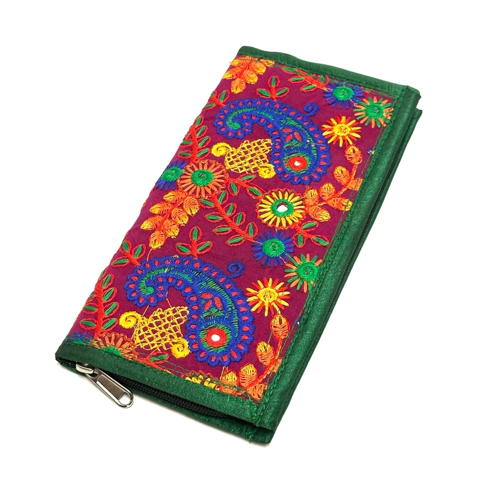 Embroidered Green & Magenta Women's Wallet - Festive Floral Design